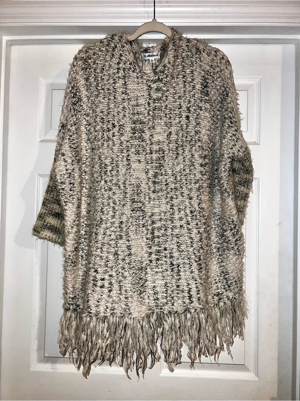 Macaron cozy Fringe eyelash Poncho Sweater in Beige and Blue